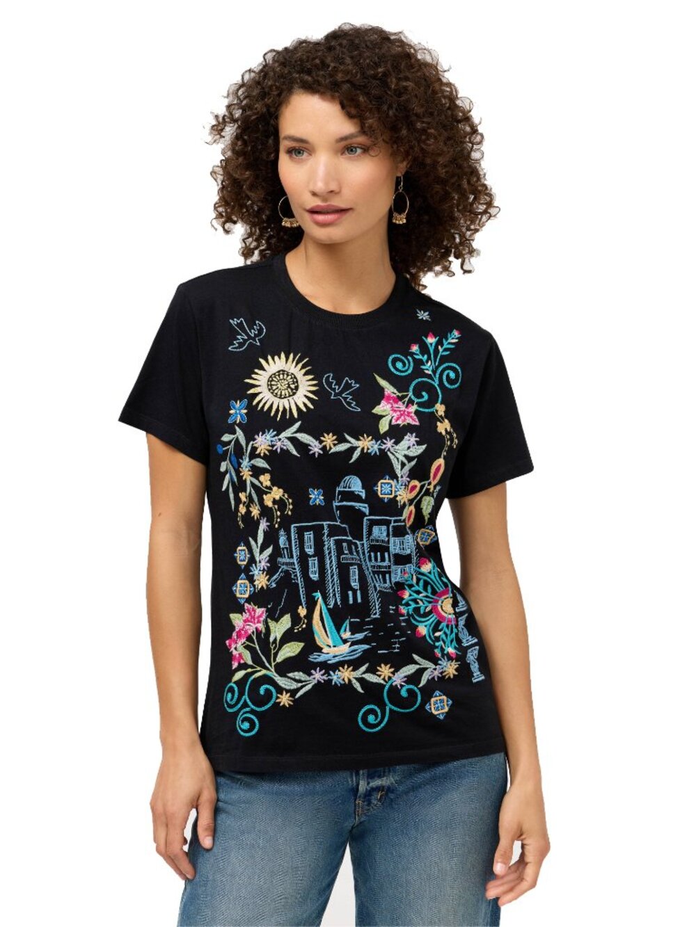 Johnny Was Santorini Crew Short Tee Floral Embroidery Shirt Cotton Black Top NEW